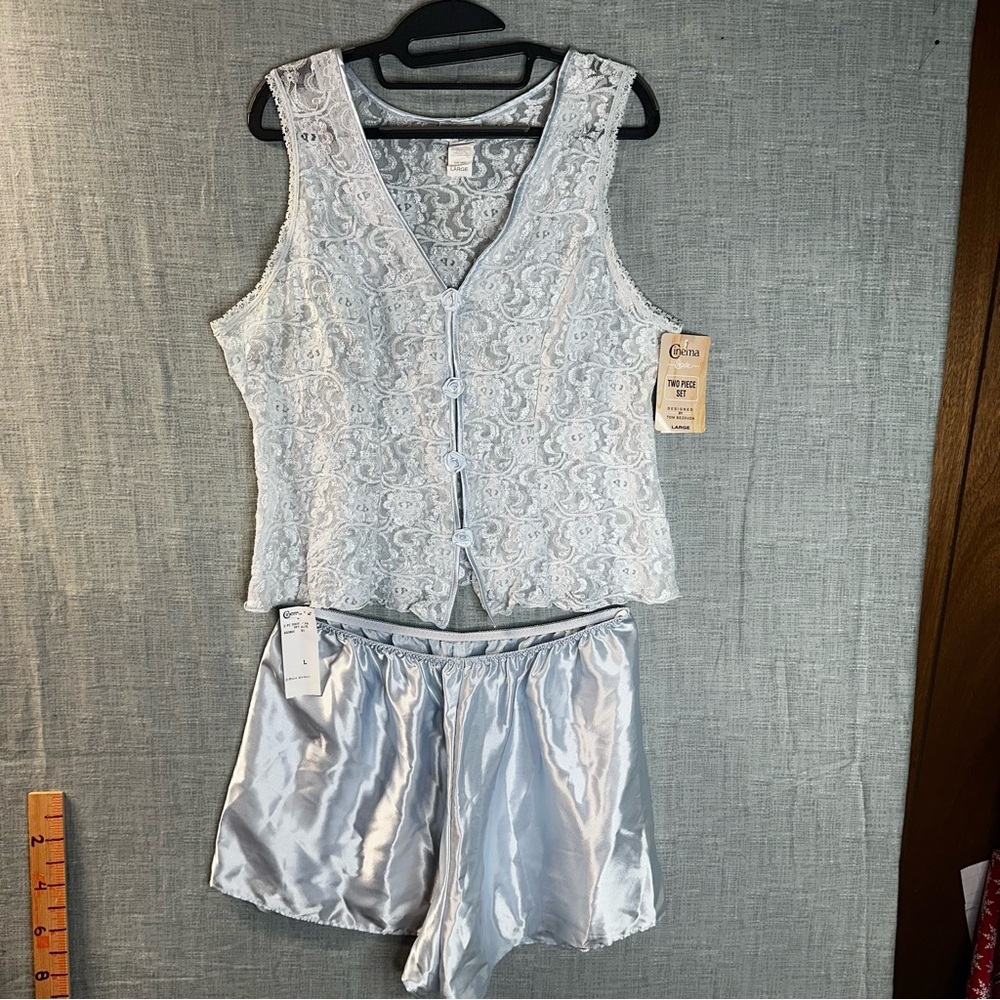 VTG Cinema Etoile Tom Bezduda Sky Blue Lace Satin Pajama Set 2pc Lingerie Large
